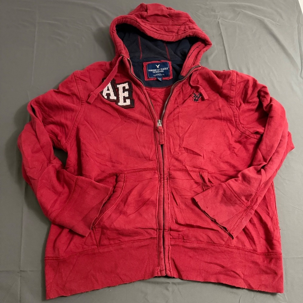 Vintage American Eagle Full Zip Up Hoodie‎ Sweatshirt XL Red Y2K 90s